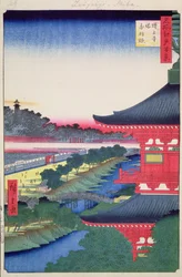 Zojoji Pagoda och Akabane från Hundra berömda vyer av Edo, 1857 (träblocksfärgtryck)