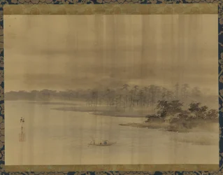 Flodlandskap och tempel i regnet, Edo-perioden, 1800-talet.