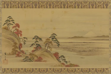 Flodlandskap: rött löv och berget Fuji, Edo-perioden, mitten av 1800-talet.