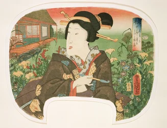 Efterår, Hanayashiki: En geisha med pibe, design til en ventilator fra et sæt på fire, der illustrerer årstiderne, 1858-60 (træbloktryk) swed
