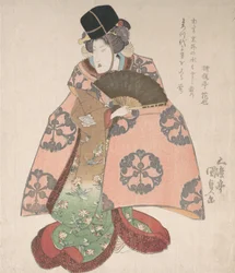 Kabuki skådespelare i en kvinnlig roll som står med en fan, 1800-talet., 1800-talet.