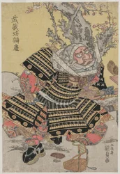 Musashibo Benkei på knä vid ett plommonträd