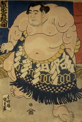 Sumobrottaren Abumatsu Rokunosuke, ca 1835 (obanstorlek, färgträtryck)