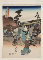 Utsikt över Kuwana (Kuwana no zu) (träblockstryck i färg)