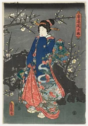 Flicka under körsbärsblommor, ca 1838-80 (nishiki-e, flerfärgat träsnitt)