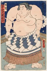 Porträtt av sumobrottaren Shiranui Mitsuemon (1825-1879) med ett rituellt förkläde. Tryck av Utagawa Kunisada II (1823-1880)