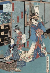 Ukiyo-e-tryck av geisha med hibachi av Kunisada II, ca 1860