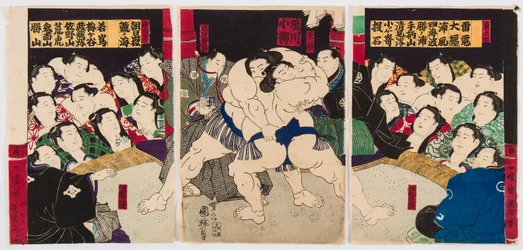 Kamp av sumobrottare. Tryck av Utagawa Kuniteru (1808-1876) - Sumobrottare, av Kuniteru, Utagawa (1808-1876). Färg träsnitt. Privat samling