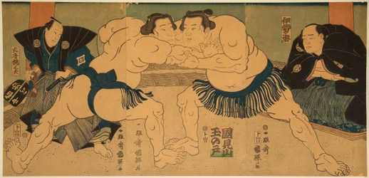 Sumobrottare slåss, Tagasugo mot Ayusegawa. Tryck av Utagawa Kuniteru (1808-1876)
