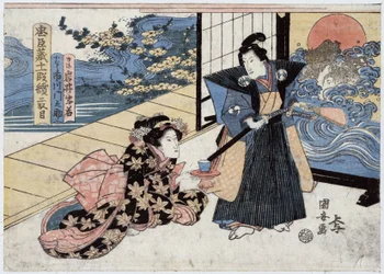 Japan, akt II av Chushingura, berättelsen om de 47 roninerna (eller 47 samurajerna): Rikiya, med svärd och solfjäder, står bredvid Konami, som knäböjer på golvet och bjuder honom på en kopp te, gravyr av Utagawa Kuniyasu