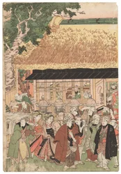 En grupp skådespelare på väg till helgedomen Oji (Inari jinja) på nyårsdagen, signerad Kuniyoshi, kiwamesäl, Oban tate-e triptyk (träblock i färg)
