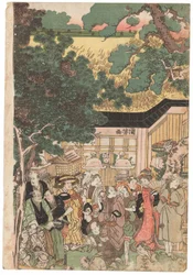 En grupp skådespelare på väg till helgedomen Oji (Inari jinja) på nyårsdagen, signerad Kuniyoshi, kiwamesäl, Oban tate-e triptyk (träblock i färg)
