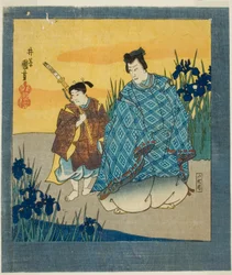 Skådespelaren Ichikawa Danjuro VIII som Narihira på Yatsuhashi från "En sexfaldig skärm med berömda bilder (Meiga rokushi byobu)"