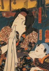 Skådespelare i eftertänksam pose bredvid barnet, av Utagawa Kuniyoshi, träsnitt
