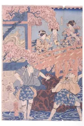 Bandō Hikosaburō IV som Ashikaga Yoshimasa och Ichikawa Kodanji IV som Asakura Tōgo ur kabuki-pjäsen Higashiyama sakura sōshi