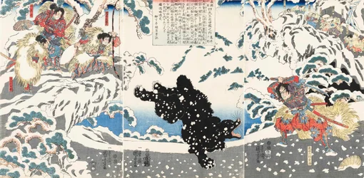 Kamei Rokuro Shigekiyo kämpar mot en svartbjörn i snön, iakttagen av Yoshitsune och hans följe, 1