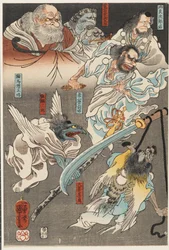 Minamoto Yoshitsune slåss mot Benkei på Gojō Bridge, med hjälp av tengu-demoner