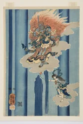 Mongaku Shonin under vattenfallet (mitten) (träblock i färg)
