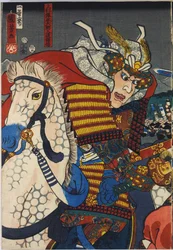 Blad ur en triptyk i färgträsnitt med titeln "Kawanakajima kassen" (Slaget vid Kawanakajima), som i närbild skildrar det personliga mötet mellan de två härförarna Uesugi Kenshin (till vänster) och Takeda Shingen: Japan, Edo