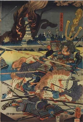 Ark från en triptyk med färgträblock, med titeln Shinshū Odai kassen no zu (Slaget vid Odai i Shinanoprovinsen), föreställande Odai Akarokurō Yorisada som spjutar tre män medan hans slott brinner i bakgrunden: Japan, Edo, av Utagawa Kuniyoshi