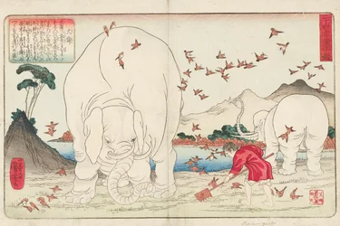 Taishun hackar ett fält med hjälp av elefanter och en flock sparvar, signerad Ichiyusai Kuniyoshi ga, c.1843 (träblock i färg)