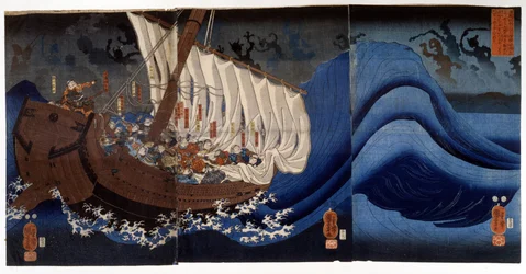 Yoshitsune Minamoto attackerades av spektra av de dödade fienderna. Målning av Utagawa Kuniyoshi, tidigt 1800-tal.