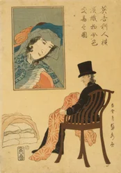 Engelsk handlare som sorterar tyger för handel i Yokohama, 1861