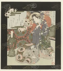 Courtesan förbereder sig för natten Kvällsglöd när du lägger ut sängen för första gången Shikizome no sekishô (titel på objekt) Eight Views of the Courtesan Quarter (serietitel) Kuruwa hakkei (serietitel på objekt)