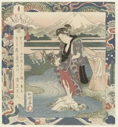 Kvinna tvättar kläder i floden Chôbû-floden i Musashi, nummer fyra Musashi - sono yon (titel på objekt) The Six Jewel Rivers (serietitel) Mutamagawa no uchi (serietitel på objekt)