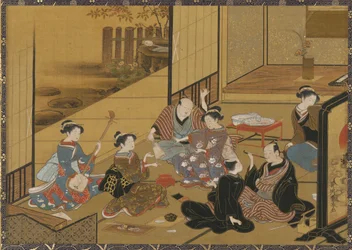 Interiörscen av en fest med <em>geisha</em> och kunder