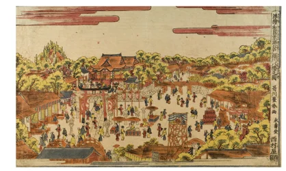 Perspektivbild av Hachiman-helgedomen vid Fukagawa-floden, ca 1770-1780 (träblocktryck på papper)
