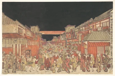 Vy över en kaomise-föreställning på Yoshibai-teatern i Sakaichō Fukiyachō