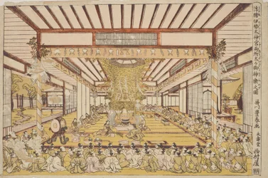 Högtidlig ceremoni i den stora salen / Uki-e Ise Daijingu Ryosho Daidai Mi-kagura no zu