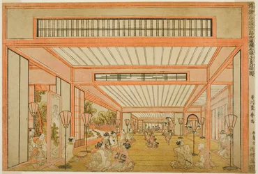 Utsikt över mottagningsrummen i Japan - Underhållning på råttans dag i modern stil (Uki-e wakoku keiseki ozashiki imayo ne no hi no asobi no zu)