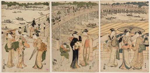 Ryōgoku-bron med figurer i förgrunden