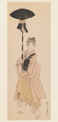 Ung kvinna bär utsmyckad stång för en procession, c.1805-6 (träblocktryck, smalt koban tate-e-tryck i surimonostil)