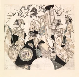 Skådespelare som utför scendans av de fyra Onnagatorna, ca 1800-05 (träsnitt i färg)