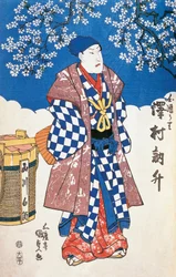Japansk skådespelare i kimono och bakgrund dekorerad med äppelblommor, av Utagawa Toyokuni, träsnitt