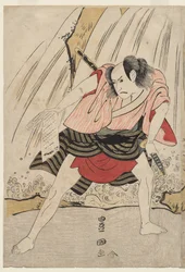 Kataoka Nizaemon VII och Ichikawa Yaozo III i en konfrontation bredvid ett vattenfall