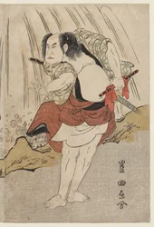 Kataoka Nizaemon VII och Ichikawa Yaozo III i en konfrontation bredvid ett vattenfall