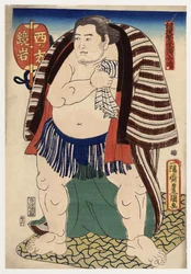 "" Porträtt av sumobrottaren Kagamiiwa från västkusten "" (Sumovrottaren Kagamiiwa från västra sidan) Gravyr av Utagawa Toyokuni (1769-1825) vers 1847 Privat samling