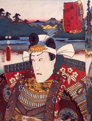 Porträtt av Kabuki teaterskådespelare, ukiyo-e av Utagawa Toyokuni (1769-1825), träsnitt, japansk civilisation, Edo-perioden (1603-1868)