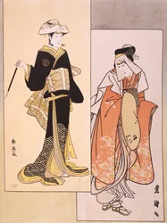 Porträtt av skådespelare på scen, cirka 1794-1796, ukiyo-e av Shun-Yei (sent 1700-tal) och Utagawa Toyokuni (1769-1825), reproduktion av träsnitt, japansk civilisation, Edo-perioden (1603-1868)