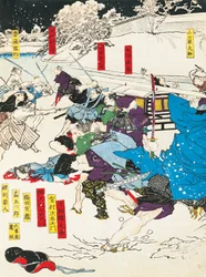 Slaget om snön, samurajer som försvarar en japansk fästning, av Utagawa Toyokuni, träsnitt