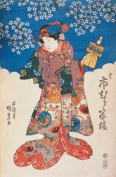 Kvinna i kimono med docka och bakgrund dekorerad med äppelblommor, av Utagawa Toyokuni, träsnitt