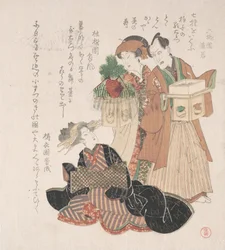 Skådespelaren Nakamura Utaemon med två kvinnor som förbereder sig för nyårsceremonin, 1800-talet.