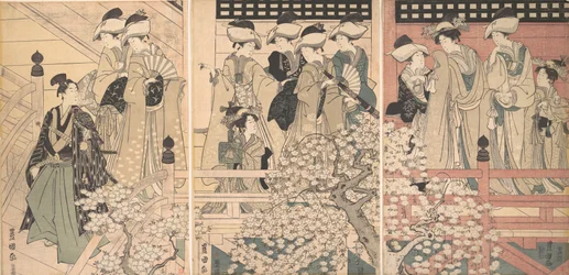 Skönheter på en veranda bland körsbärsblommor från vilken en samuraj går, ca. 1800.