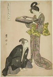 Knästående skådespelare och stående skönhet som håller i en bricka med kläder, från serien "Fuji in Summer Matched with Beautiful Women (Natsu no Fuji bijin awase)"