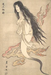 Onoe Matsusuke som den mördade hustrun Oiwas vålnad, i en skräckberättelse från Yotsu..., 1812.