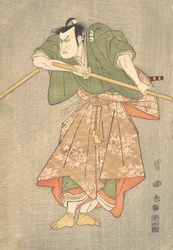 Skådespelaren Kataoka Nizaemon i ceremoniella dräkter av grönt och rosa, ..., ca. 1790-1825.